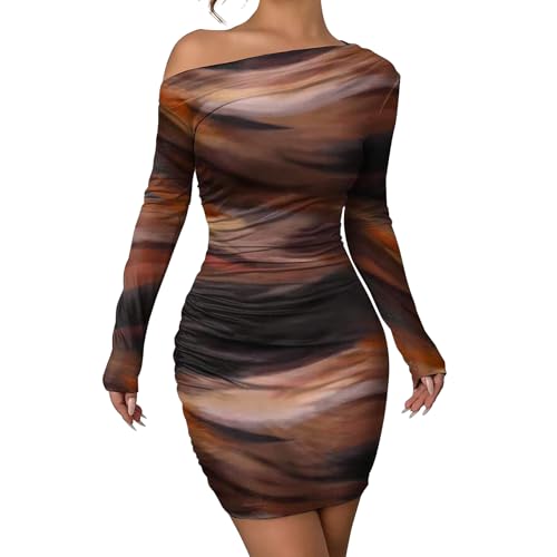 Image of Women's Long Sleeve Bodycon Mini Dress Tie Dye Print Slim Fit Asymmetrical Neck Elegant Formal Ruched Short Dresses