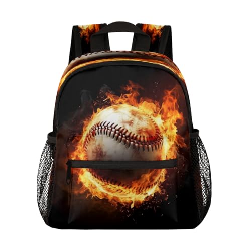 Shabby Burning Baseball Kids Backpack for Boys Girls, Waterproof Lightweight Toddler School Bag with Chest Strap, Small Travel Book Bag Preschool Kindergarten Backpack