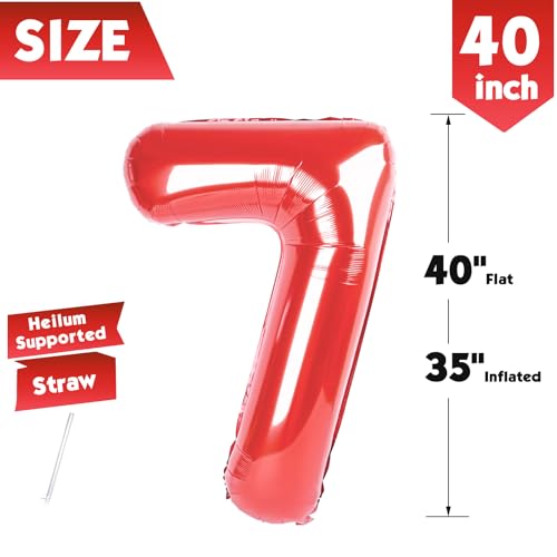 Image of 40 Inch Red Number 7 Balloon Birthday Party Decorations for Men & Women | 40 Inch Red inflatable foil number balloons, large birthday decorations for 7th birthday