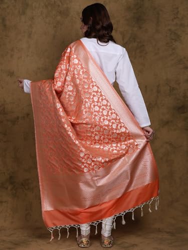 Women's Art Silk Dupatta with All Over Floral Vines and Fringes Beautiful Silver Threads Flowers Stole Chunni3