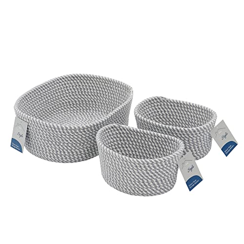 JVL Edison Rectangular Cotton Rope Storage Basket, Set of 3, Grey