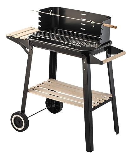 Healthy Choice Charcoal Grill BBQ on Trolley Stand with Manual Rotisserie Stick, Two Wooden Shelves, Wheels for Easy Maneuverability - 87cm x 83cm x 45.5cm, Black + Light Wood