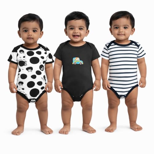 Image of VParents Rompers for New Born Baby Girl & Boy (Pack of 3), 100% Cotton Half Sleeve Romper /Bodysuit /Jumpsuit /Onesies /Sleepsuit For Infants & Toddlers, Comfortable Daily Wear Clothes For Babies