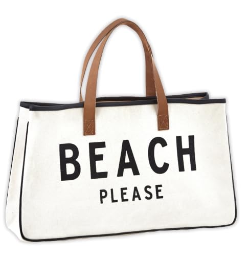 Image of Santa Barbara Design Studio Womens Tote - Cotton Canvas Shoulder Bag with Leather Handles and Waterproof Lining, Large, Beach Please