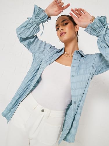 Image of Styli Women Oversized Long Length Textured Shirt | Stylish Casual Shirt for Women | Comfortable Tops | Perfect for Office, Travel & Daily Outfits