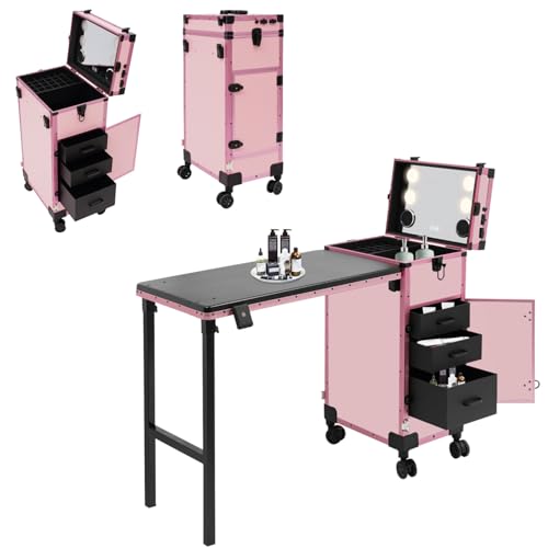 OUGWFYANG Lockable Rolling Manicure Table, Portable Nail Table with Drawers and Wheels, 110.23lbs Load-Bearing Capacity Travel Nail Desk for Makeup Workstation Mobile and Nail Tech(Pink