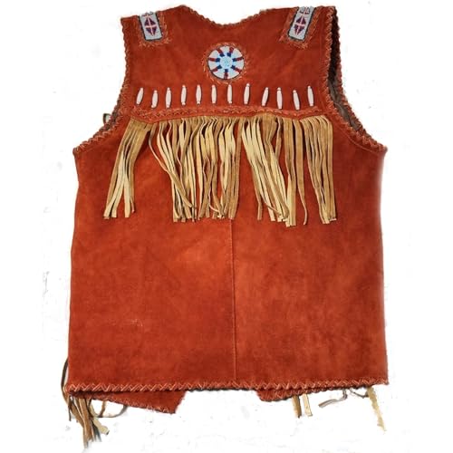 Men's Traditional Cowboy Western Vest | Brown Native American Style Suede Leather Vest Golden Fringe & Bead2