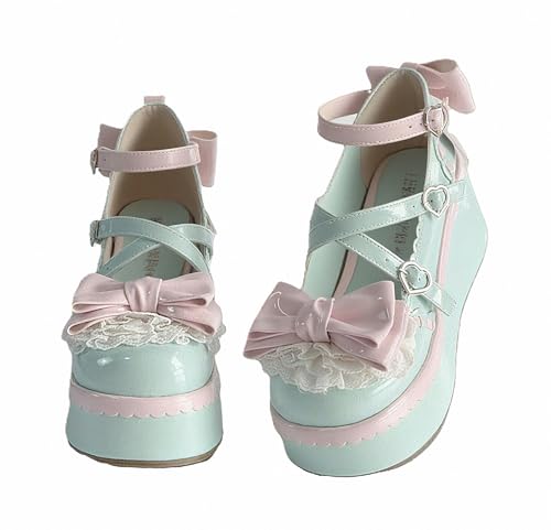 FQLGJMY Zapatos De Cuero Estilo Lolita Mary Jane para Mujer Estilo Gótico Punta Redonda Tacón De Plataforma Grueso Lazo De Encaje Estilo Punk Rock Estilo Kawaii con Vestido De Princesa Burbuja JK