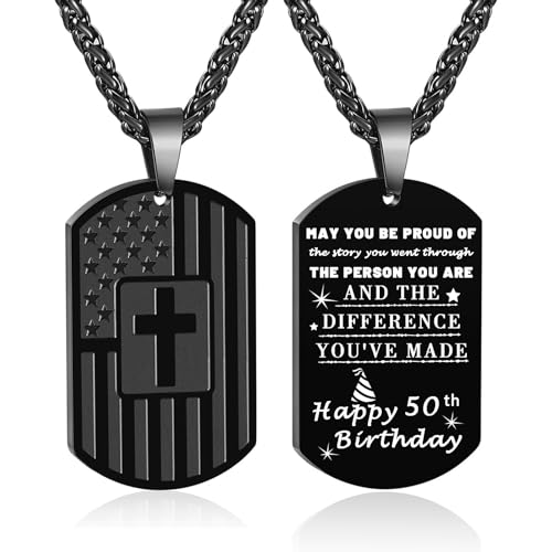 Birthday Gifts Necklaces for Men Boys Dad Son Brother Husband Grandpa Grandson 10th 13th 16th 18th 21st 30th 40th 50th 60th Year Old Birthday American Flag Necklace Christmas Gifts (50th Birthday, Black)