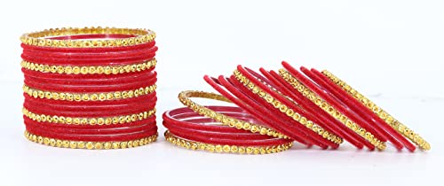 Image of NMII Premium Glass & Golden Beads Velvet Bangle Set For Women and Girls | Velvet Chudi | Traditional Chudi Set | Designer Girl's Bangles Bracelet | Wedding, Party, Festive, Daily- Set of 34