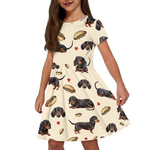 Kids Short Sleeve Dress 2-14Y Girls Crew Neck Midi Dresses Casual Swing Dress with Pockets