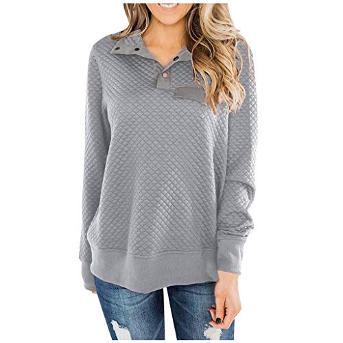 TONSEE Women's Sweatshirts Button Neck Quilted Pullover Casual Patchwork Lightweight Elbow Patches Tops Outwear Gray