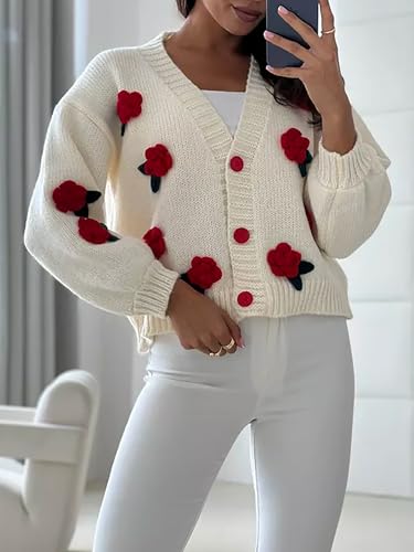 BAIMORE Women's Cute 3D Floral Crochet V Neck Button Down Long Sleeve Chunky Crop Sweater Cardigan2