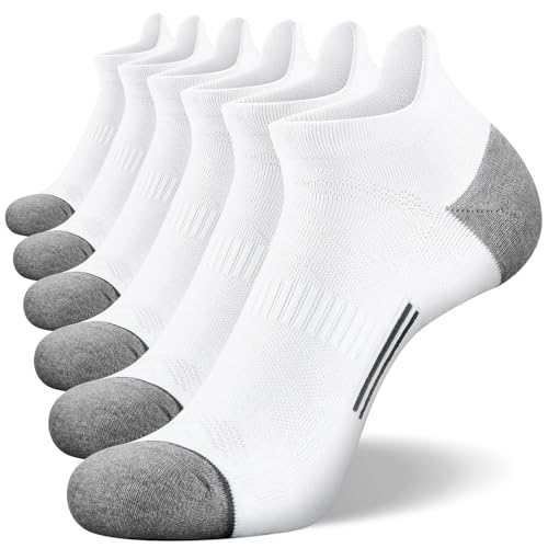 FITRELL 6 Pack Ankle Running Socks for Men and Women Low Cut Cushioned No Show Athletic Sports Compression, Shoe Size 12-15, New White