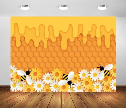 BELECO 8x6ft Fabric Honey Bee Backdrop Dripping Honey Sweet Bee with Sunflowers Honeycomb Bee Beehive Background Bee Theme Birthday Party Decoration Baby Shower Banner Photo Booth Shoot Studio Prop
