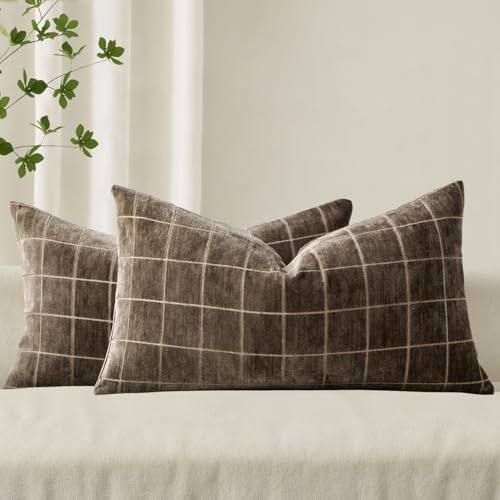Image of MIULEE Brown Plaid Decorative Fall Throw Pillow Covers 12x20 Set of 2 | Vintage Check Chenille Couch Pillows Boho Farmhouse Cushion Covers Modern Fall Home Decor for Sofa Bed Living Room