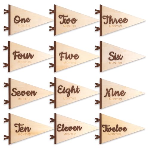 Image of KIETKIE Baby Monthly Milestone Pennant Signs - Wooden Monthly Age Marker from One to Twelve Months, Newborn Announcement and Milestones Photo Props，Boy Girl Birth Party Decorations (brown)