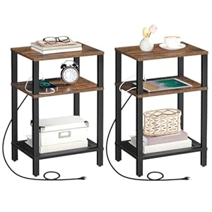 HOOBRO Side Table with Charging Station, Set of 2 End Tables with USB Ports and Outlets, 3-Tier Storage Shelves Nightstand, Sofa Table for Bedroom, Living Room, Rustic Brown and Black BF106UBZP201
