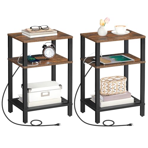 HOOBRO-Side-Table-with-Charging-Station-Set-of-2-End-Tables-with-USB-Ports-and-Outlets-3-Tier-Storage-Shelves-Nightstand-Sofa-Table-for-Bedroom-Living-Room-Rustic-Brown-and-Black-BF106UBZP201