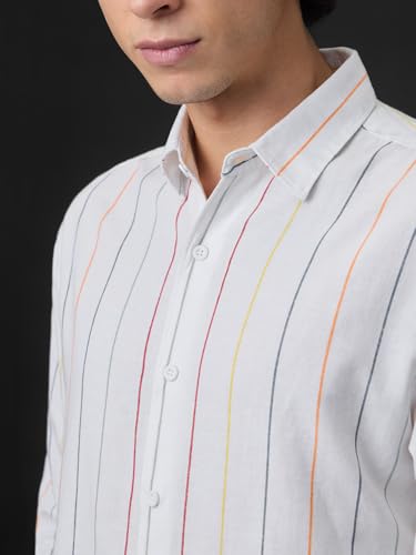 Image of The Souled Store Cotton Linen Stripes: Prisma Men and Boys Long Sleeve Spread Collar White Stripes Regular Fit Casual Everyday Office Wear Lightweight Cotton Linen Shirt