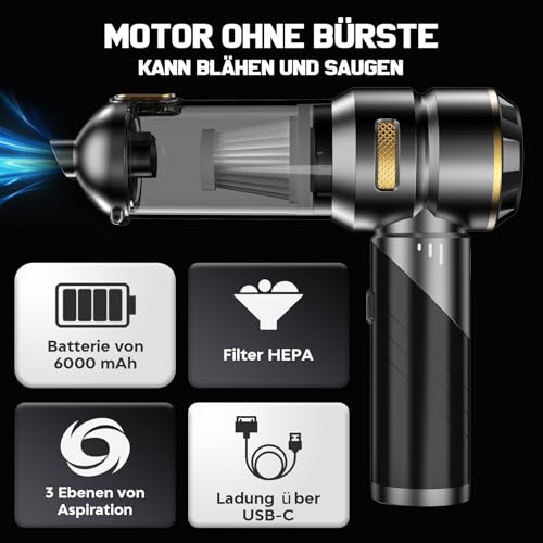 Aspirabriciole Senza Fili Potente, 21000Pa 4 In 1 Aspirapolvere Auto Portatile Con Scarico Polvere Automatico A Un Tocco,Aspiratore E Soffiatore Con Motore Brushless,Mini Aspirapolvere Potente - 4