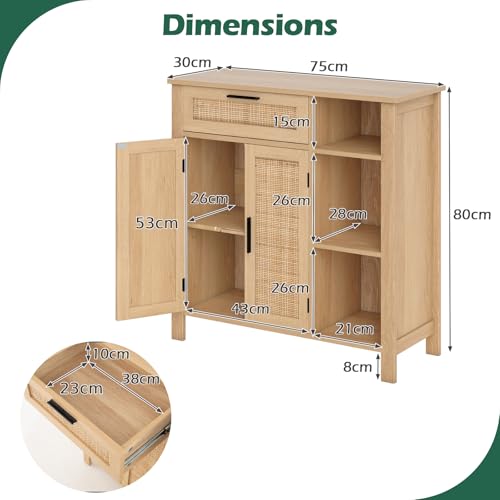 COSTWAY Storage Cabinet, Wooden Buffet Sideboard with 2 Rattan Woven Doors, Drawer, Adjustable Shelf & Open Cubbies, Bohemian Bar Cabinet Organiser for Kitchen Dining Living Room - Image 3