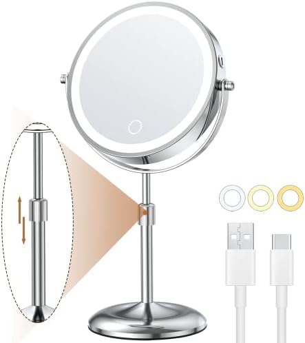 Anfauny Height Adjustable Makeup Mirror with Lights, 7" Double Sided 1X 10X Magnification Lighted Makeup Mirror, 3 Color LED Dimmable, Rechargeable Cordless Tabletop Light Up Mirror, Women Gift