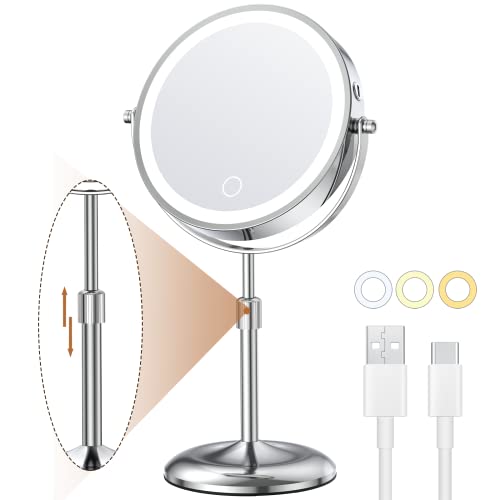 Anfauny Height Adjustable Makeup Mirror With Lights, 7" Double Sided 1X 10X Magnification Lighted Makeup Mirror, 3 Color Led Dimmable, Rechargeable Cordless Tabletop Light Up Mirror, Women Gift #TOP3