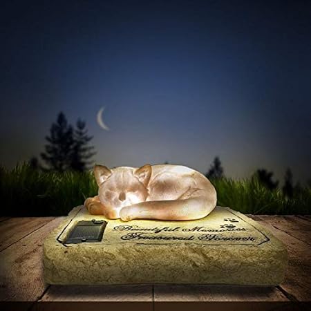 Solar Cat Memorial Stones Garden Stones with 3D Sleeping Cat on The Top - Auto Glow at Night Cat Grave Markers Tombstones, Sympathy Cat Memorial Loss Gifts, 8"x6.5"x3"