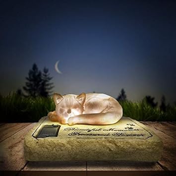 JSYS Solar Cat Memorial Stones with 3D Sleeping Cat on The Top, Auto Glow at Night Pet Memorial Stones Grave Markers for Cat, Sympathy Cat Memorial Gifts, 8