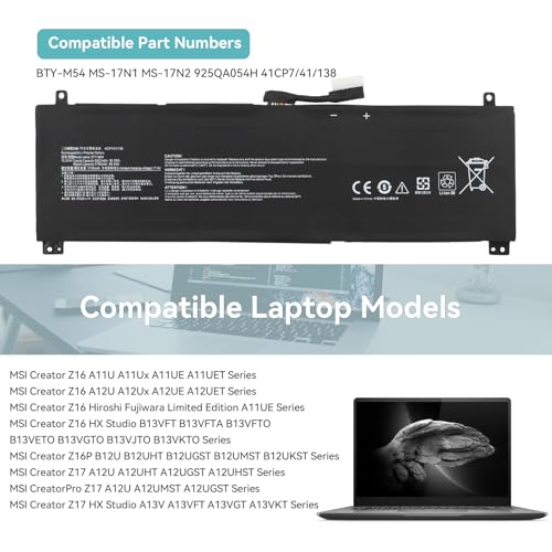 Batterie BTY-M54 pour MSI Creator Z17 Performance Durable et Sûre - 2