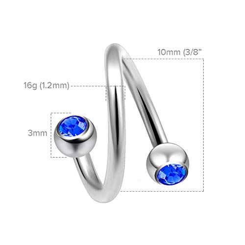 2Pc Twisted Barbell 16G Piercing Earrings Helix Cartilage Twist 316Lvm Surgical Steel Daith Spiral Belly Button Ring Navel Gauge Twister Body Jewelry Cz Sapphire Crystal 10Mm #TOP1
