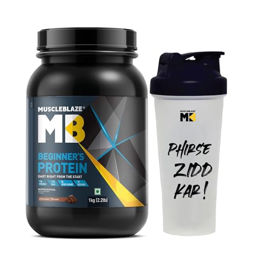 MuscleBlaze Beginner's Protein (Jar Pack), Whey Supplement (Chocolate, 1 kg / 2.2 lb) No Added Sugar, Faster Muscle Recovery & Improved Strength with 650 ml Shaker (Combo Pack)