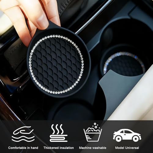 EKUWU Bling Car Cup Holder Coaster, Anti-Slip Rhinestone Cup Holder Insert (4 Pack) with Push Start Button Ring (2 Pack), Shiny Diamond Car Interior Accessories, Universal for Most Vehicle (Black)