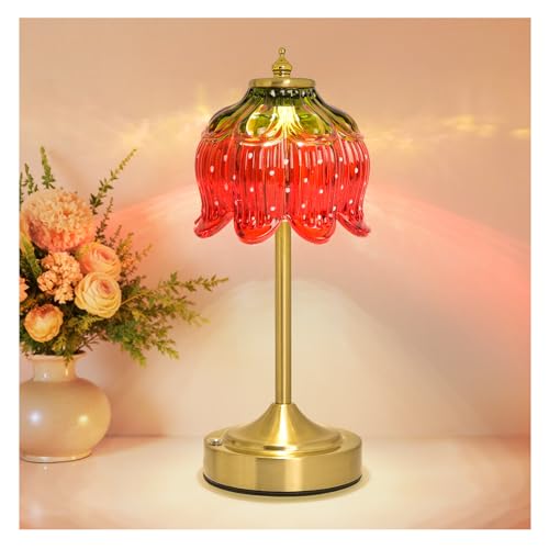 Cordless Lotus Flower Table Lamp 5200mAh Rechargeable Battery Operated Portable Lamp 3-Color Dimmable Touch Control Small Desk Lamp for Bedroom Office Kitchen Nightstand Room Decor (Strawberry)