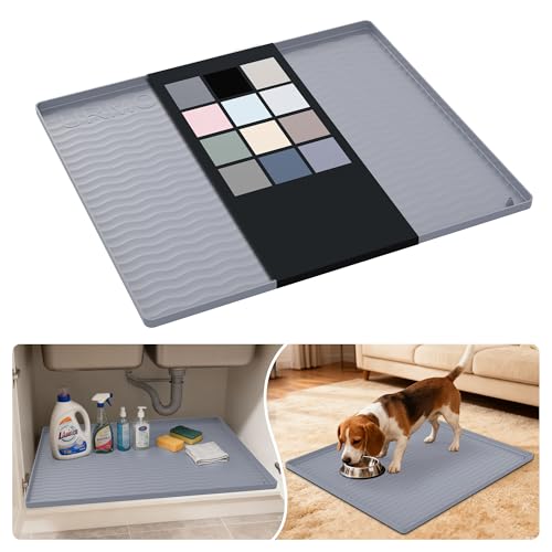 Image of URMONA Waterproof Silicone Under Sink Mat 25'' x 22'' Shelf Liner for Kitchen and Bathroom, Cabinet and Counter Protector, Storage and Organizers, Litter Mat, Pet Cat Puppy Essentials(Light Grey)