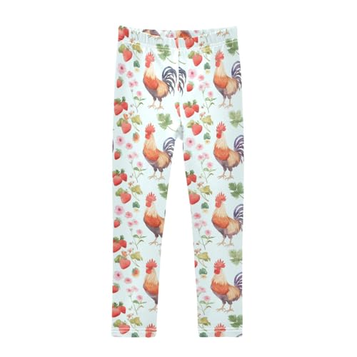 Wusikd Watercolor Roosters Girls' Leggings Toddler Doodles Flowers Strawberries Kids Yoga Pants Dance Active Tights 4T