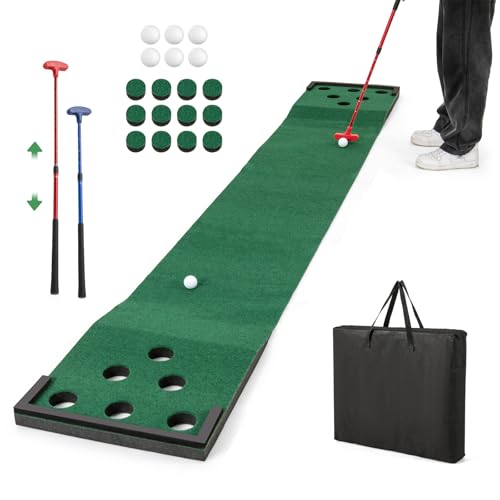 GYMAX Alfombra de Putting Práctica, Juego de Golf Mat Portátil con 2 Putters Ajustables,6 Bolas, Bolsa de Transporte para Interior, Exterior Case, Oficina, Entrenamiento Mini Golf