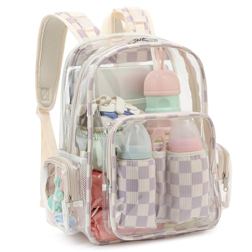 Dezcrab Clear Baby Diaper Bag Backpack for Mom Large Capacity Travel Nappy Bag for Boys & Girls with Stroller Straps (Corduroy Checkered Purple)