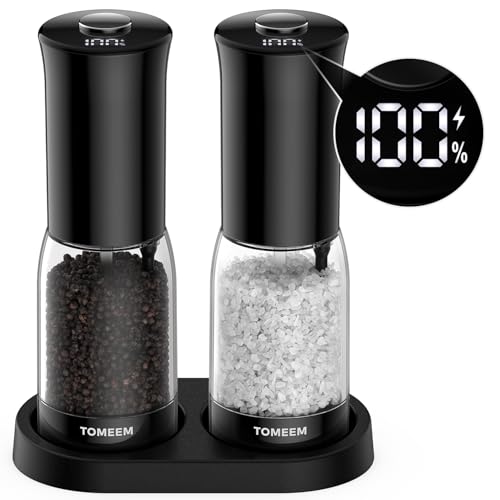 Electric Salt and Pepper Grinder Set with LED Power Display, Larger Capacity Rechargeable Salt and Pepper Set with Storage Base, LED Light, Adjustable Coarseness, Ideal for Kitchen