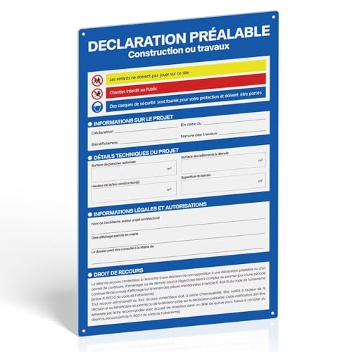 Panneau Déclaration Préalable Construction ou Travaux, 600x400 mm, Plastique PVC Rigide 1mm avec Film Brillant Réinscriptible, Résistant aux UV, 4 Trous Pré-percés