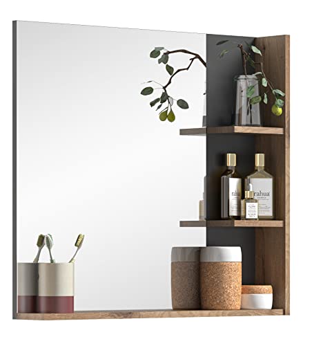 xonox.home Badezimmer Mason Spiegel Wandspiegel Badspiegel WC-Spiegel Toilettenspiegel Badezimmerspiegel in Basalt grau Nb. Ablage Nox Oak Nb., ca.79x73x14 cm mit Ablage