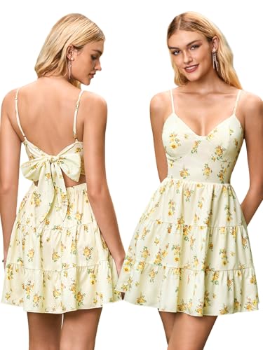 Image of HTZMO Women Summer Floral Mini Sundress Bow Tie Short Dress | V Neck Backless Ruffle A Line Flowy Cute Dresses, Boho Beach Casual Vacation Homecoming Graduation 2026