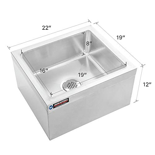Image of DuraSteel 19x22x12 Commercial Floor Mop Sink - NSF Certified 304 Stainless Steel Utility Room Service Basin with Leak Proof Flat Drain - Large Tub for Dog Washing, Filling Water Bucket, Cleanup