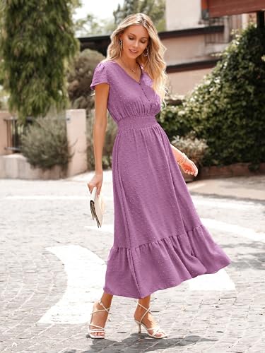 Image of PRETTYGARDEN Womens Dresses 2026 Summer Maxi Dress Boho Short Sleeve V Neck Swiss Dot Ruffle Tiered Smocked Flowy Long Dress