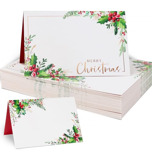 50pcs Christmas Place Cards for Table Setting Holiday Holly Table Name Place Cards for Dinner Buffet Tented Folded (Merry Christmas)