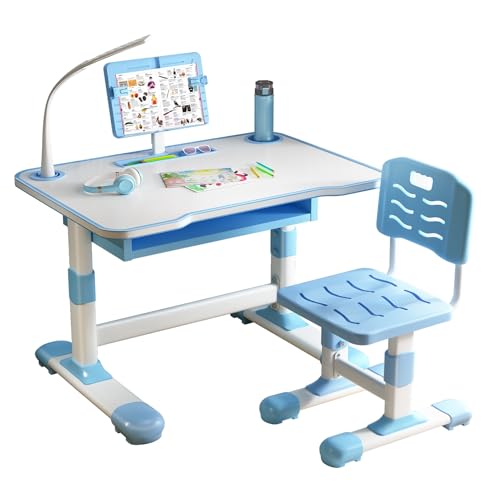 yulewiix - Juego de sillas de oficina para niños, conjunto y ajustado en altura, mesa de escritura de niños con soporte reclinable cajón extra grande dormitorio en azul