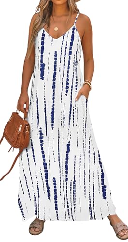 Image of Bluetime Women Summer Spaghetti Strap Maxi Dress V-Neck Sleeveless Flowy Boho Floral Beach Long Dress with Pockets