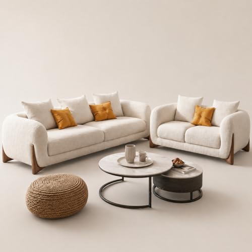 Image of Modern Sofa, Teddy Fabric, Chesterfield Style, Wooden Legs, for Living Room, Bedroom, Hallways (3+2 Seater)