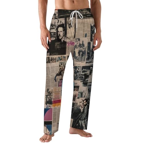 Newspaper Print Pajama Pants for Men Soft Lightweight Lounge Pj Bottoms with Drawstring Pockets